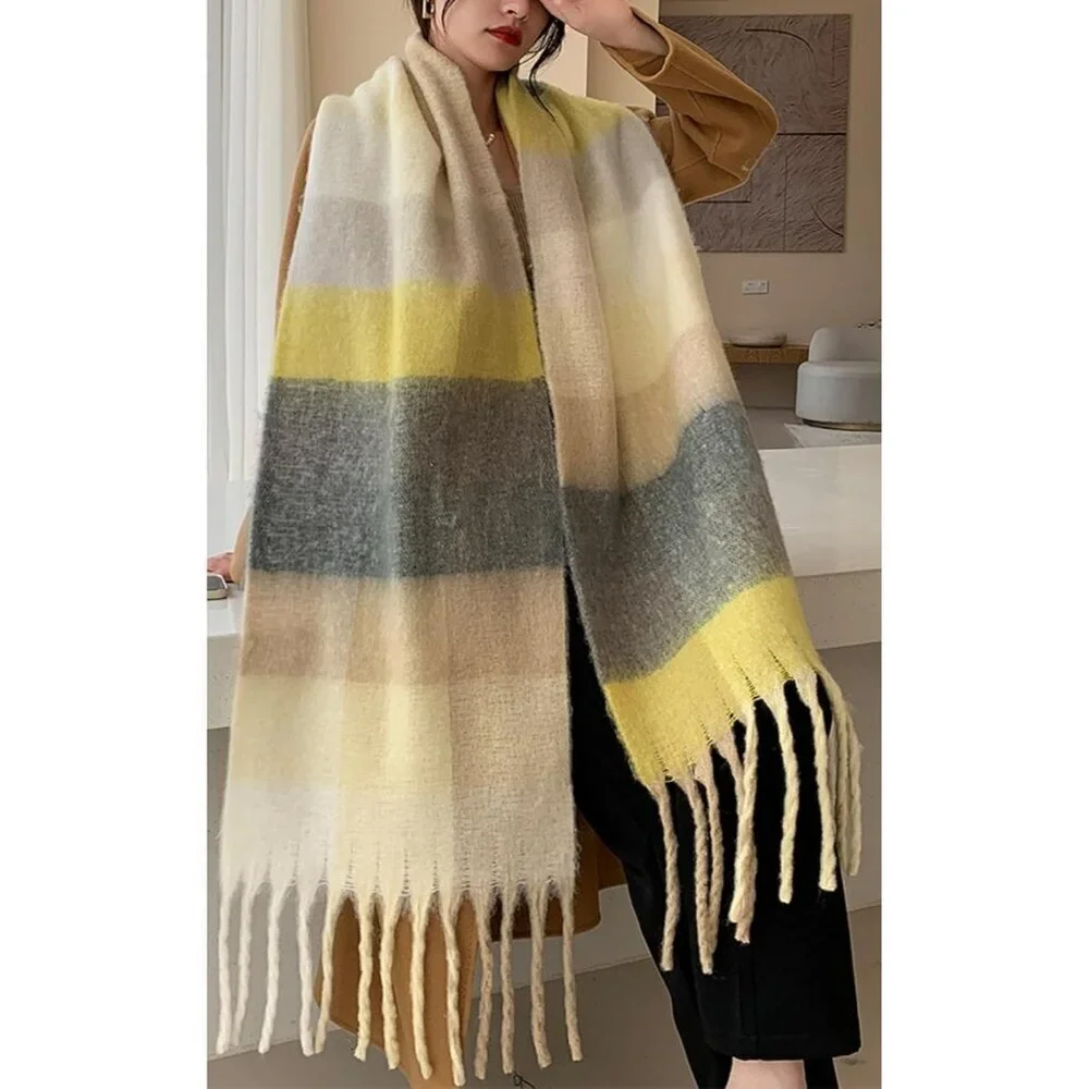 Women's Grey Bright Yellow Winter Warm Shawl Cold Weather Thick Blanket Scarf